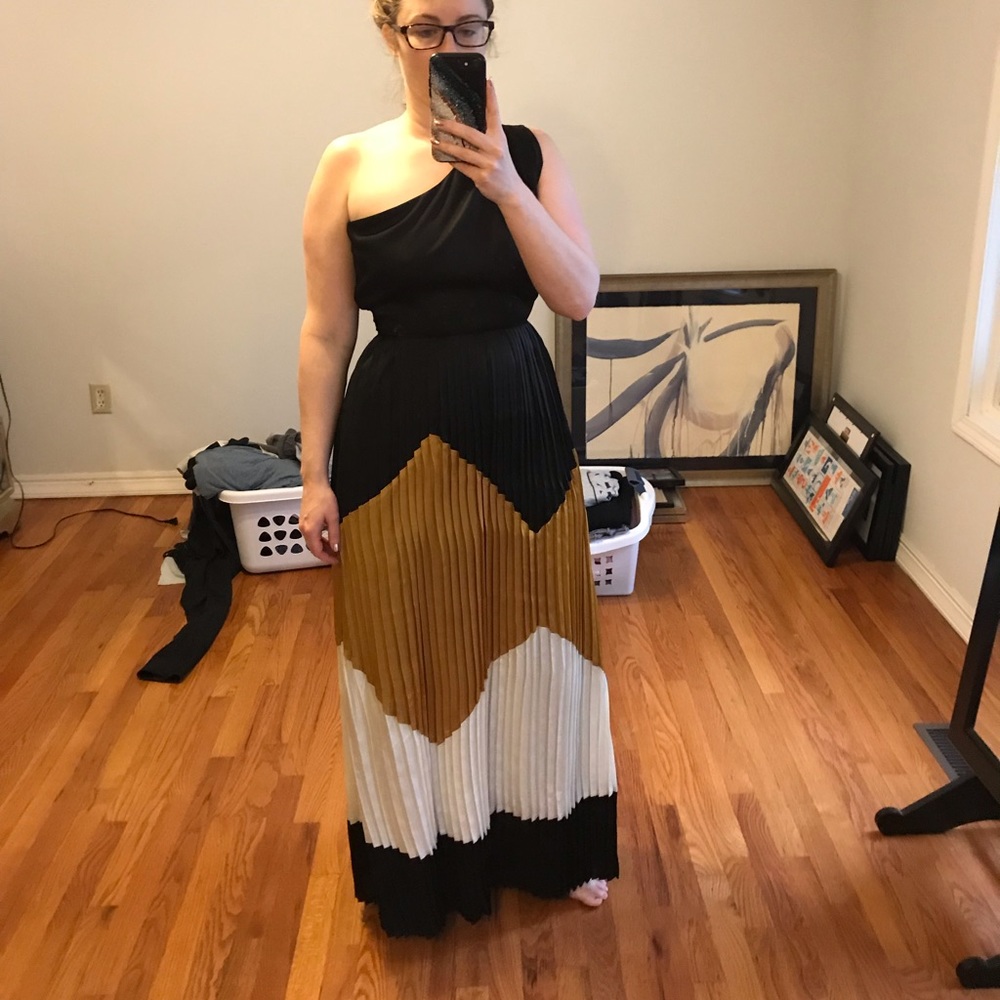 Anthropologie One-Shoulder Maxi Dress in Black, Mustard & White
